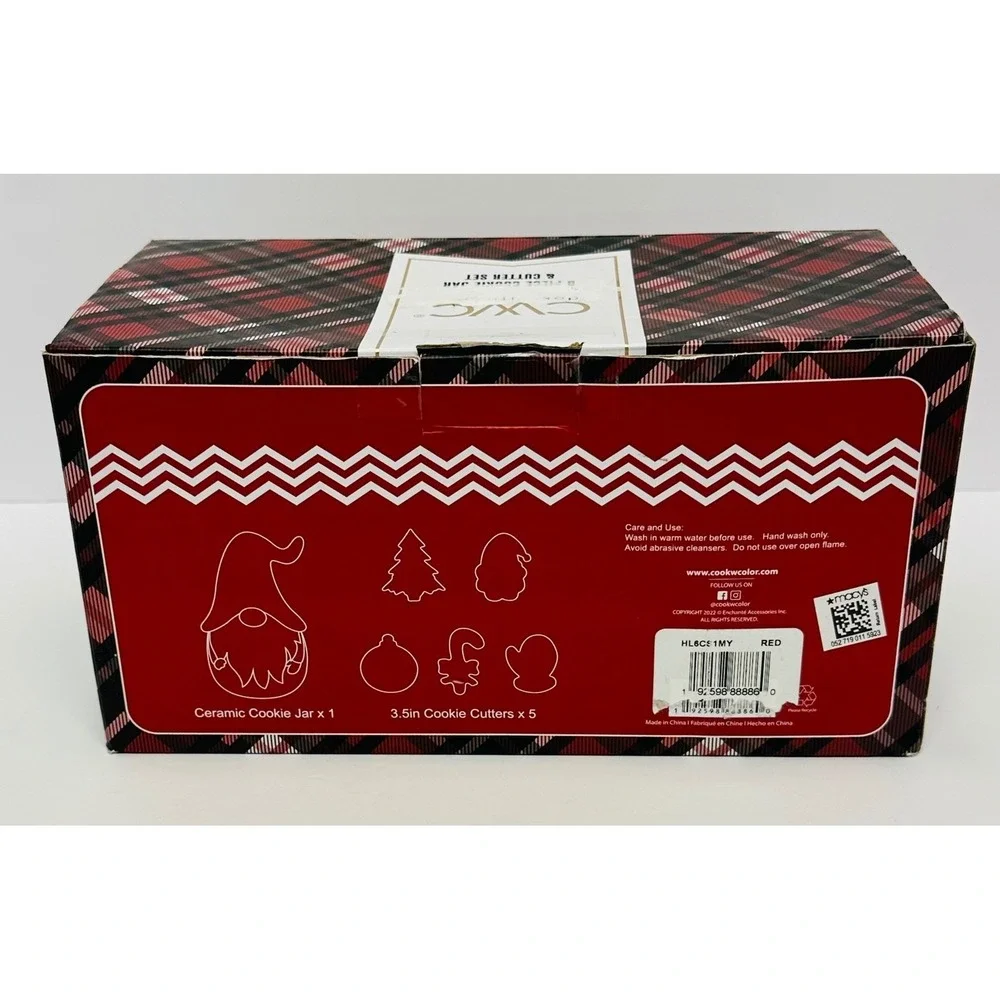 CWC Cook With Color Red White 6 Piece Holiday Gnome Cookie Jar & Cutter Set New